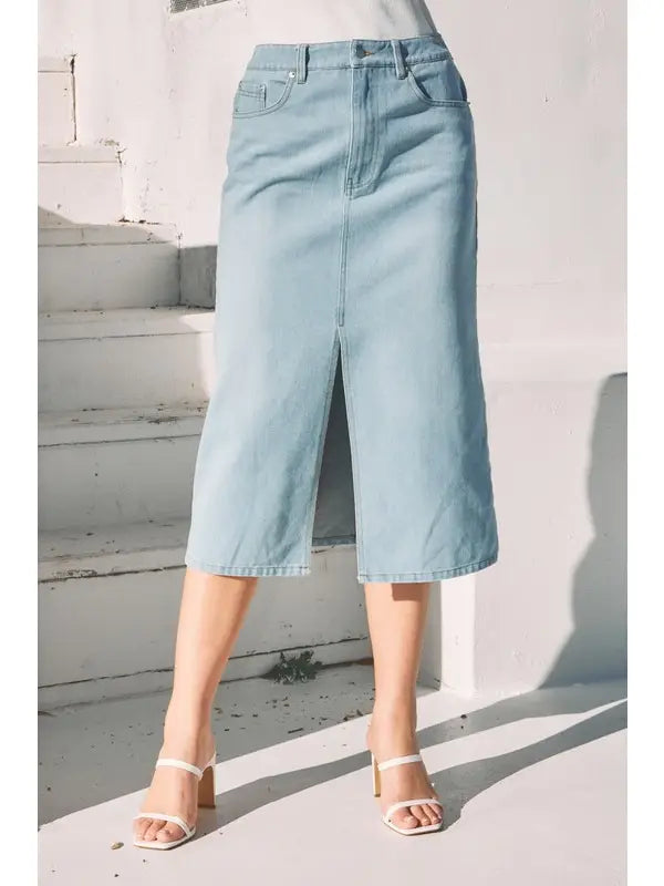 Washed Denim Midi Skirt