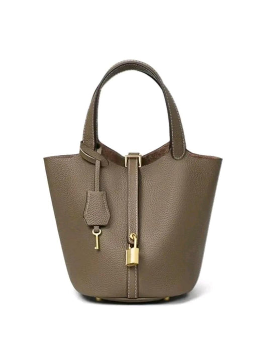 Leather Bucket Bag with Lock Design