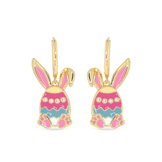 Gold CZ &  Enamel Bunny Egg Hoop Dangle Earrings