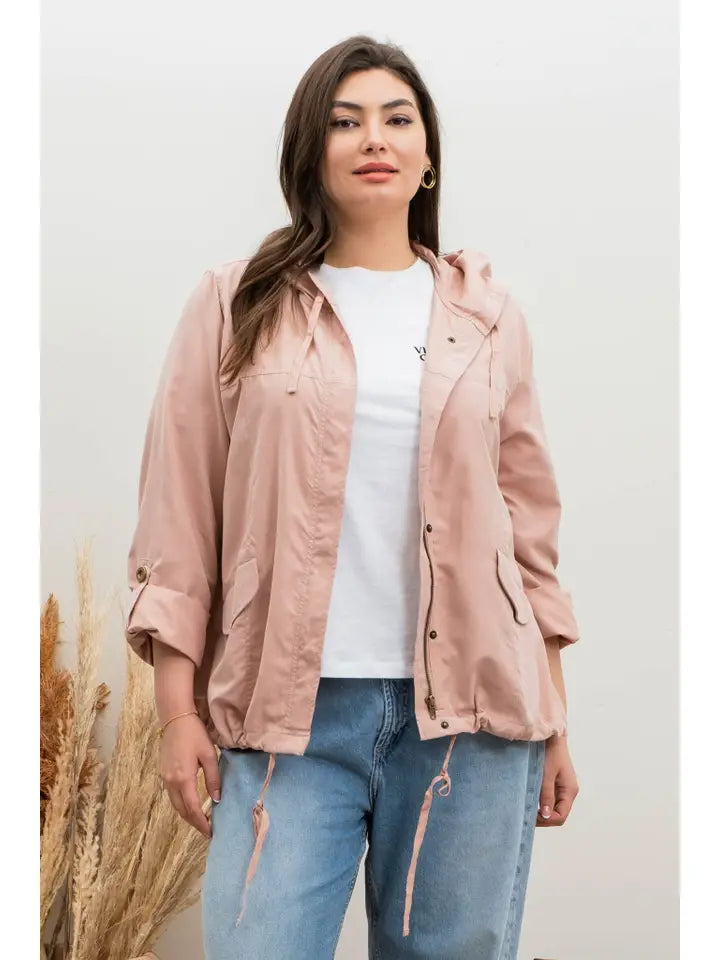 Snap Button Zip Up Hooded Jacket