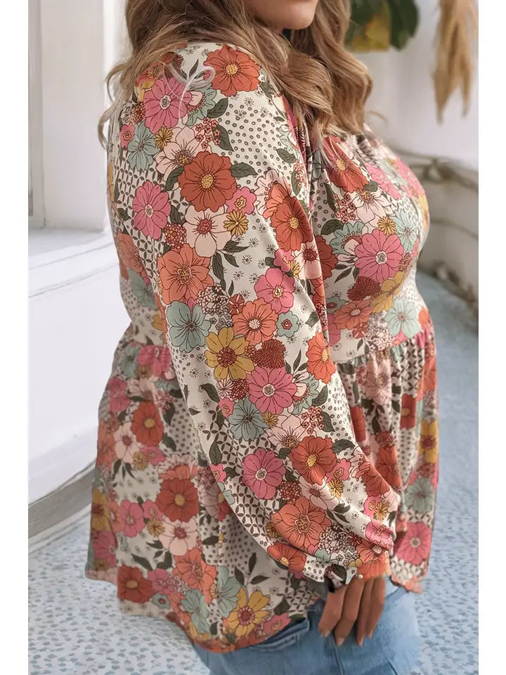 Square Neck Flower Peplum Blouse
