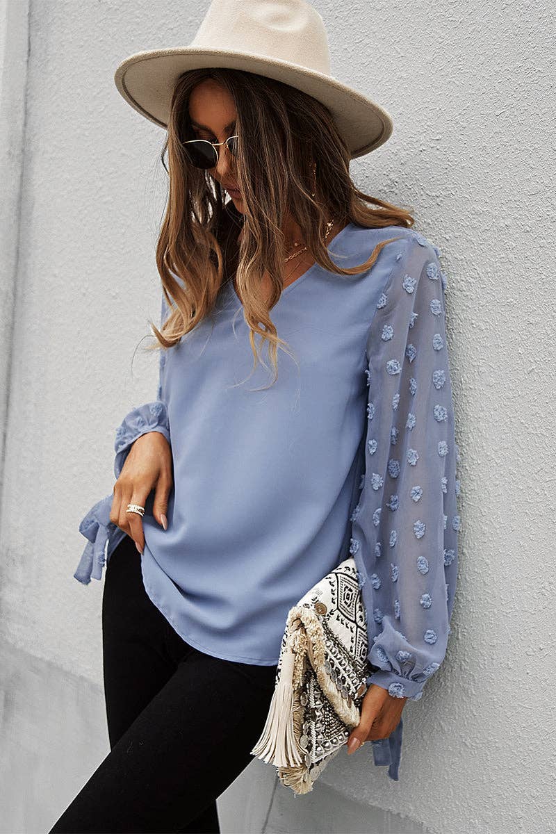 V-Neck Long Sleeve Swiss Dot Top