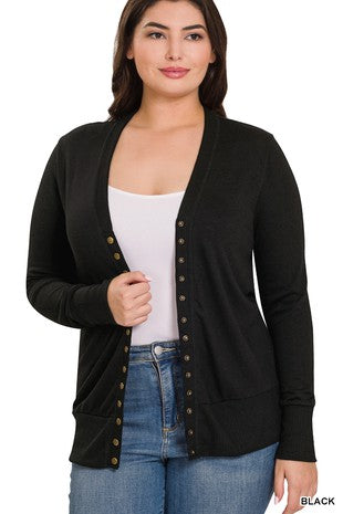 Snap Button Sweater Cardigan With Ribbed Detail