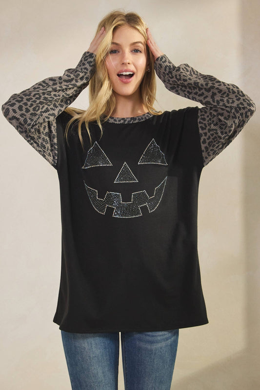 ANIMAL CONTRAST RHINESTONE PUMPKIN TOP