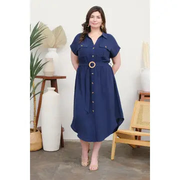 Button Down Belted Midi Dress