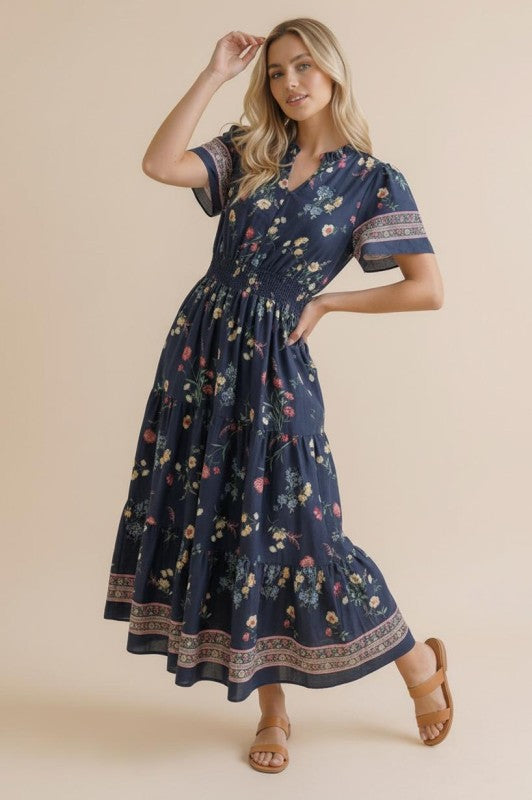 Smocked Waist Maxi Tiered Floral Dress