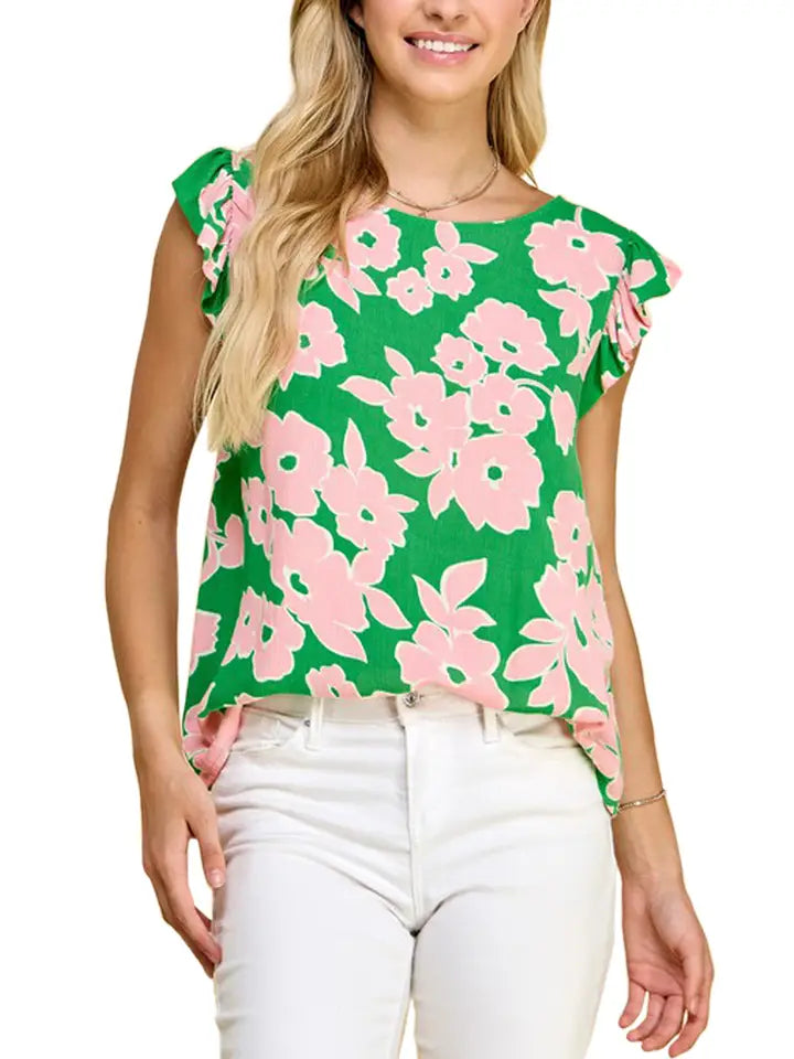 Floral Printed Top with Ruffled Short Sleeve Detail