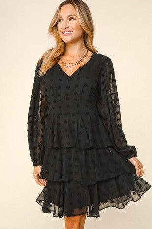 Bubble Long Sleeve Tiered Fit and Flare Dress