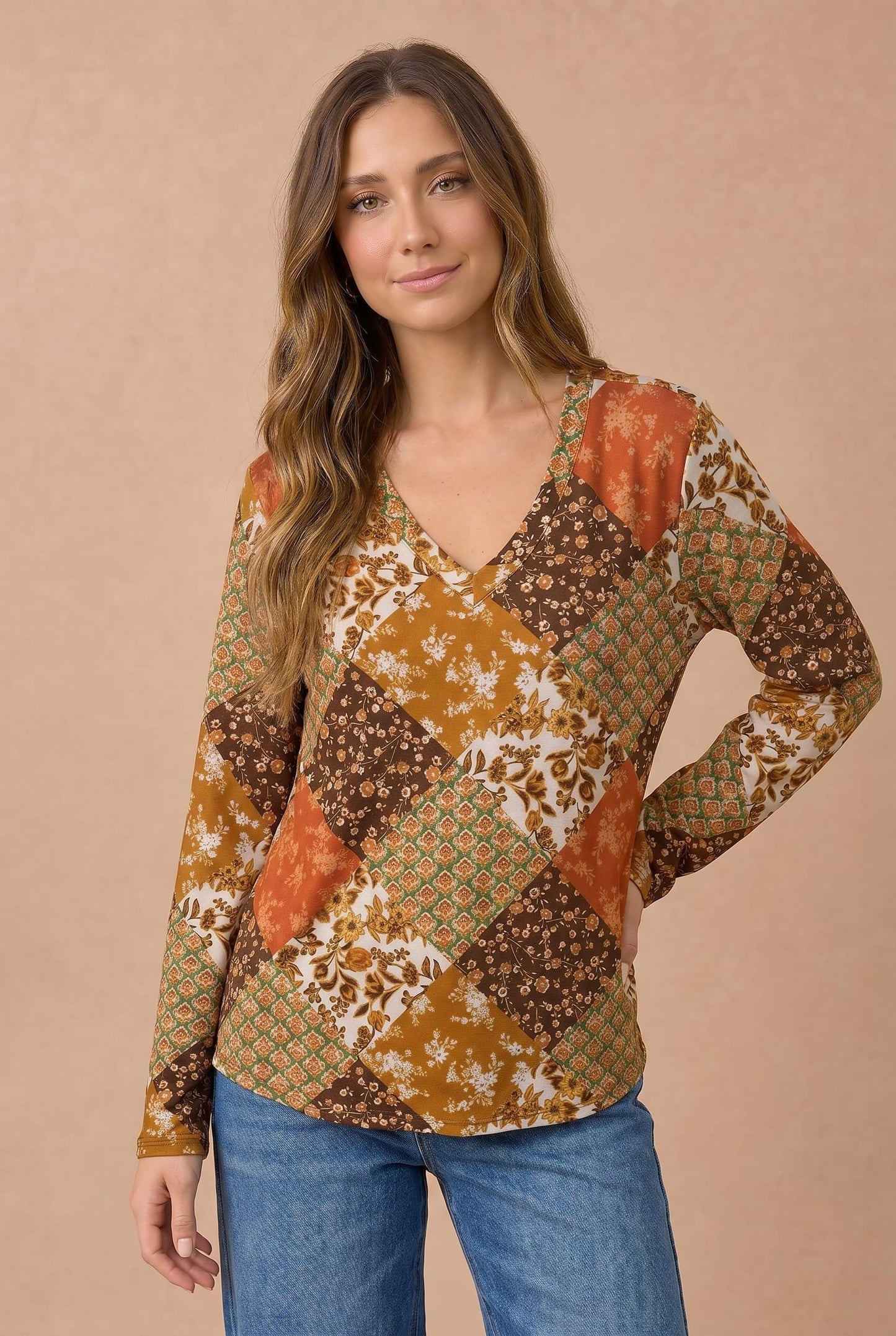 V Neck Banded Long Sleeve Soft Knit Top