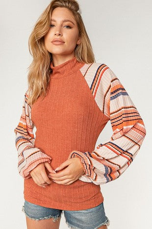 Rib Turtleneck Bubble Long Sleeve Knit Top