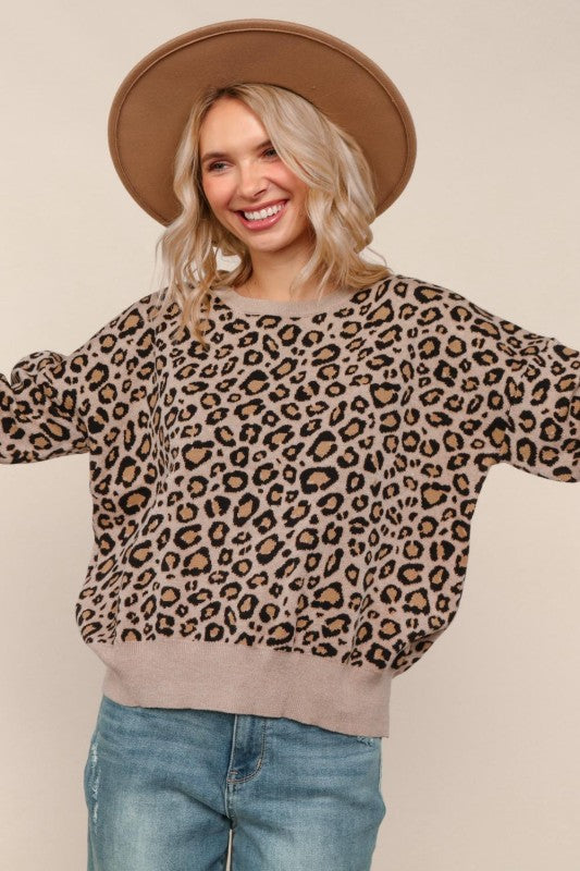 Leopard Jacquard Pullover Sweater Knit Top