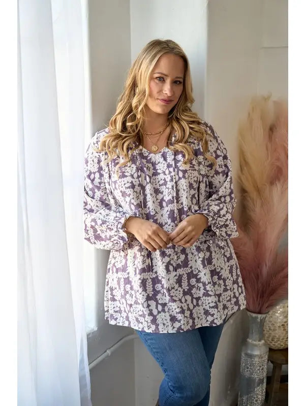 Lilac Floral Tie Neck Blouse