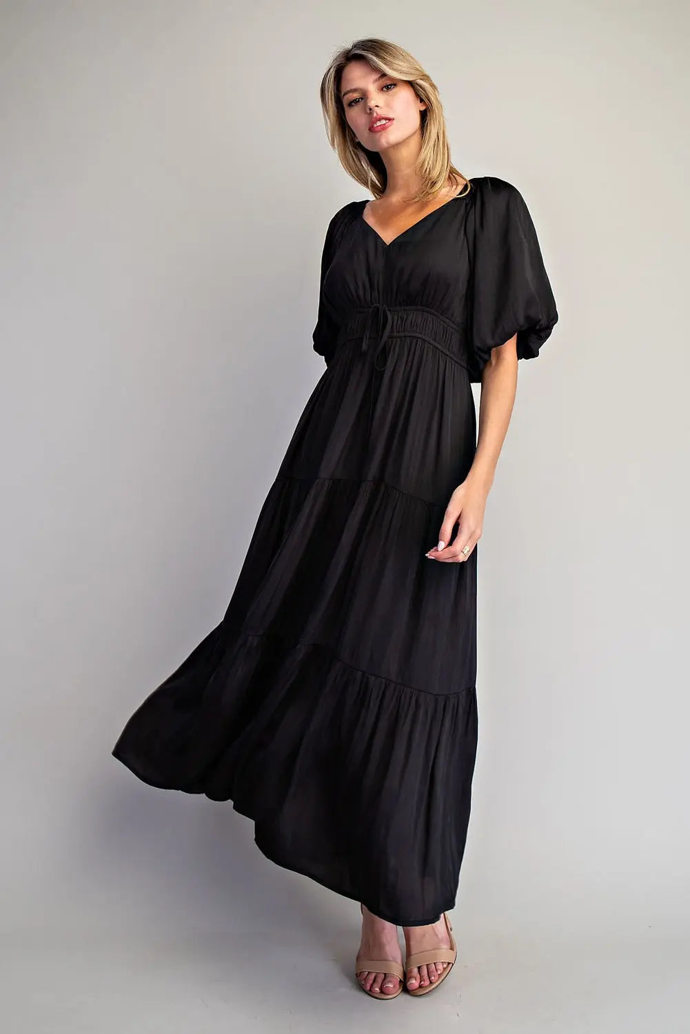 Puff Sleeve Elastic Waist Tiered Maxi Dress