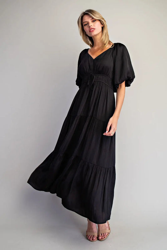 Puff Sleeve Elastic Waist Tiered Maxi Dress