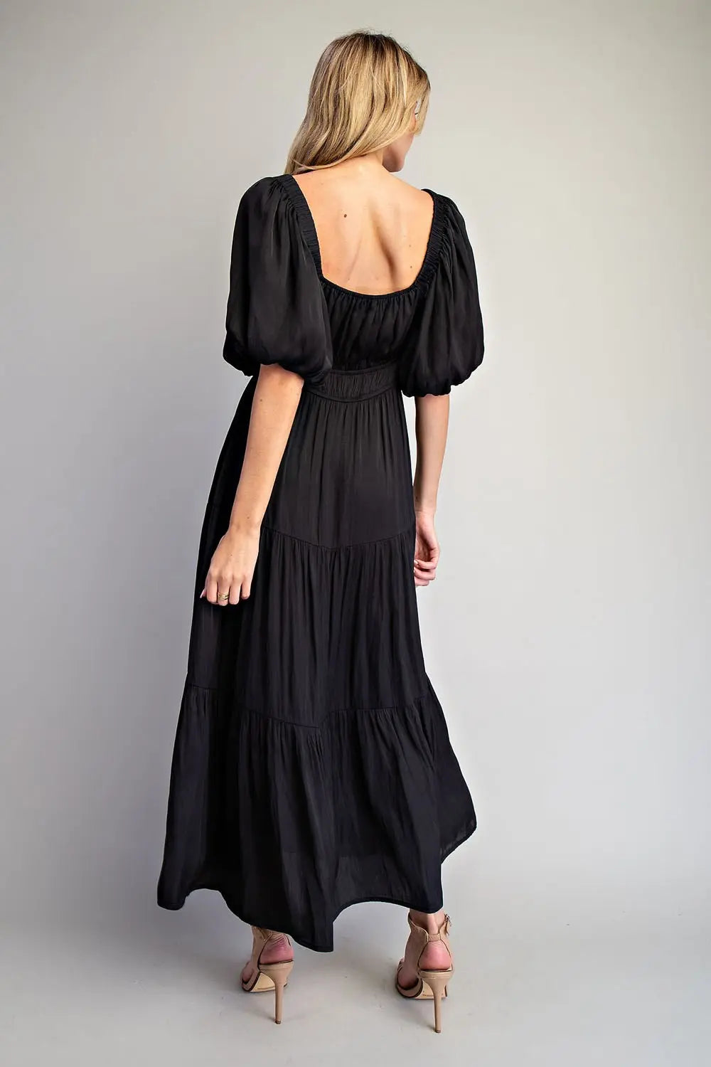 Puff Sleeve Elastic Waist Tiered Maxi Dress