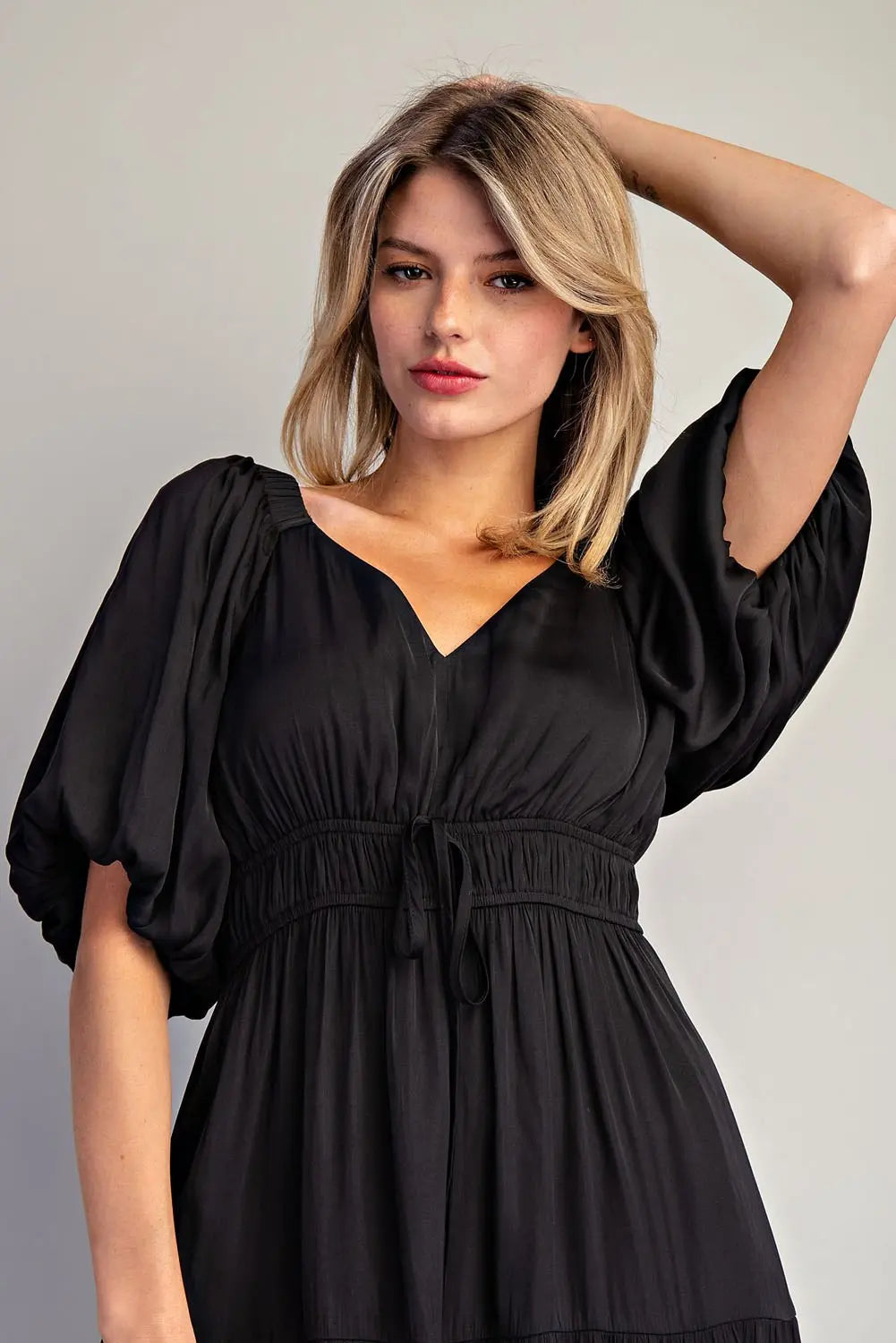 Puff Sleeve Elastic Waist Tiered Maxi Dress