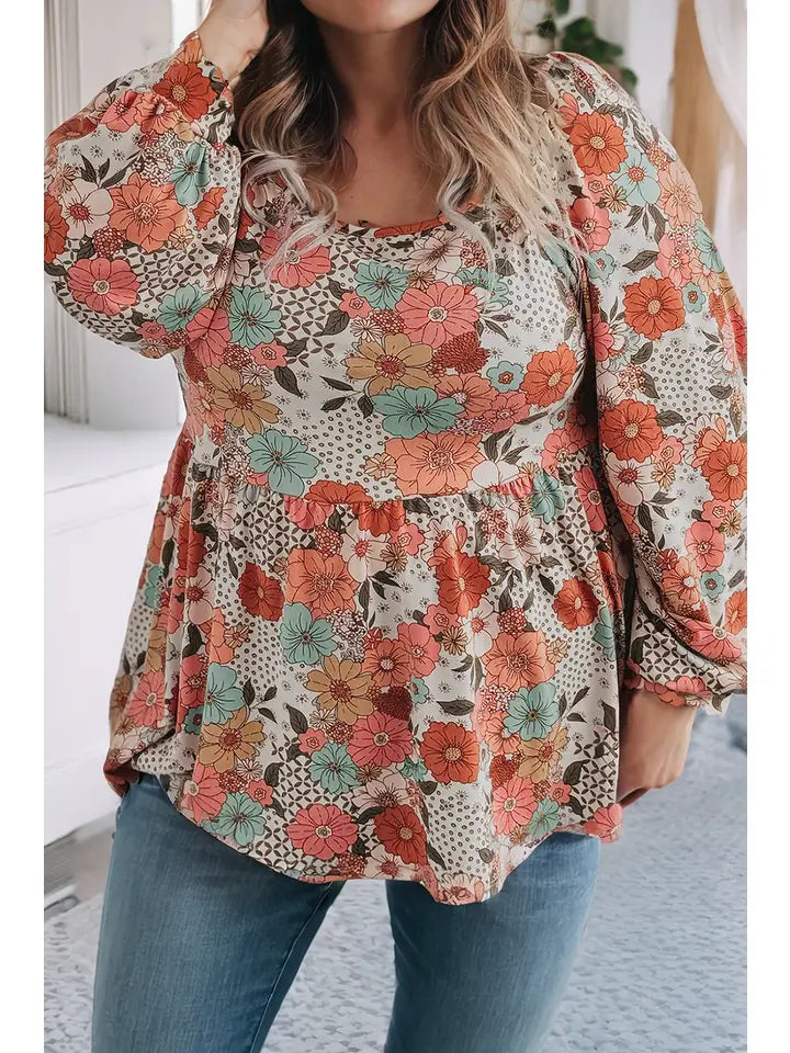 Square Neck Flower Peplum Blouse