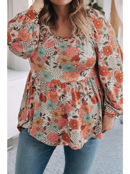 Square Neck Flower Peplum Blouse