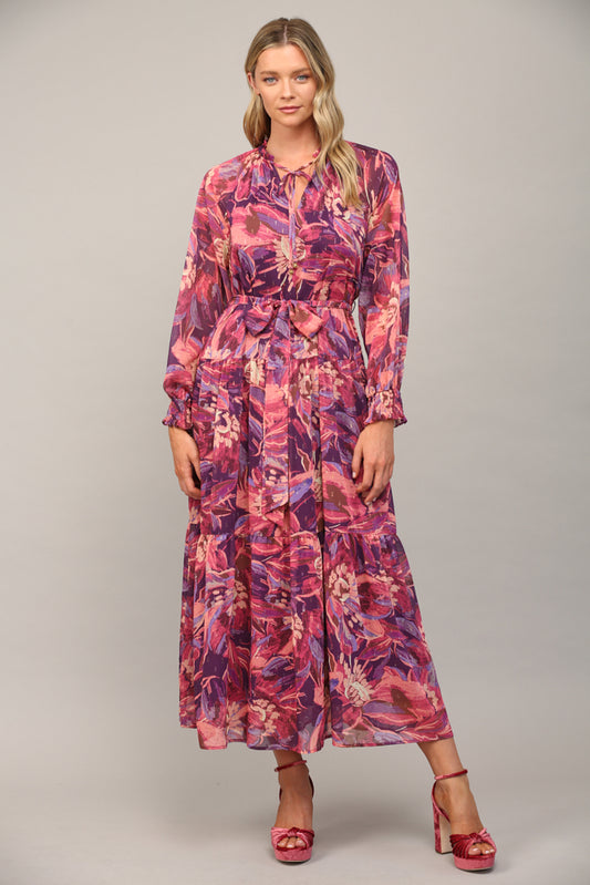 ABSTRACT PRINT WITH LUREX CHIFFON TIERED MAXI DRESS