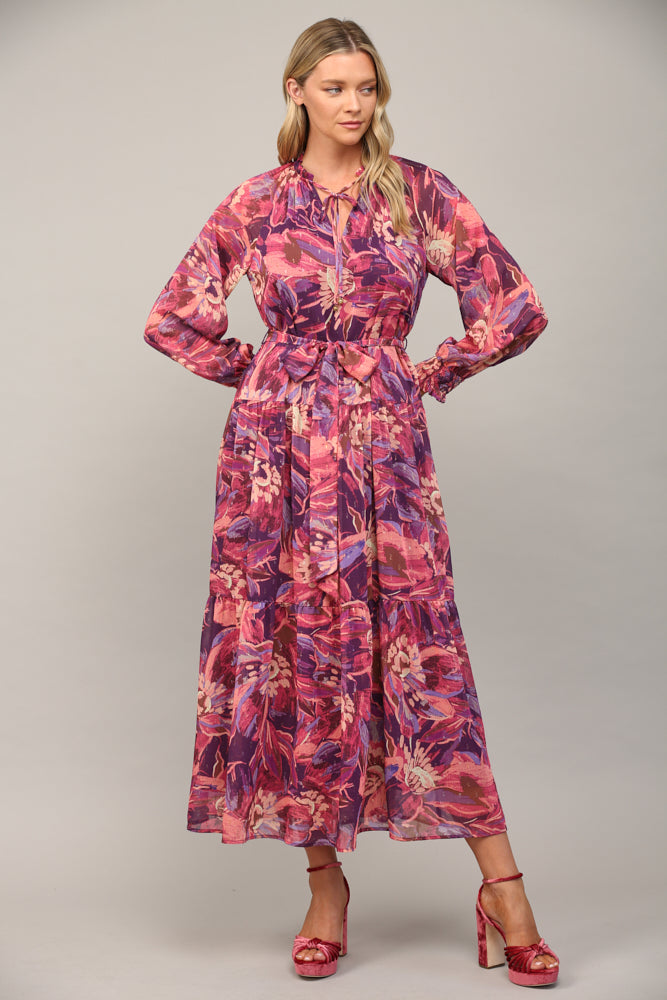ABSTRACT PRINT WITH LUREX CHIFFON TIERED MAXI DRESS