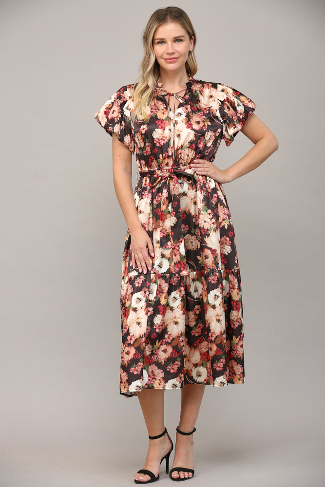 FLORAL SATIN SHORT PUFF SLV MIDI DRESS
