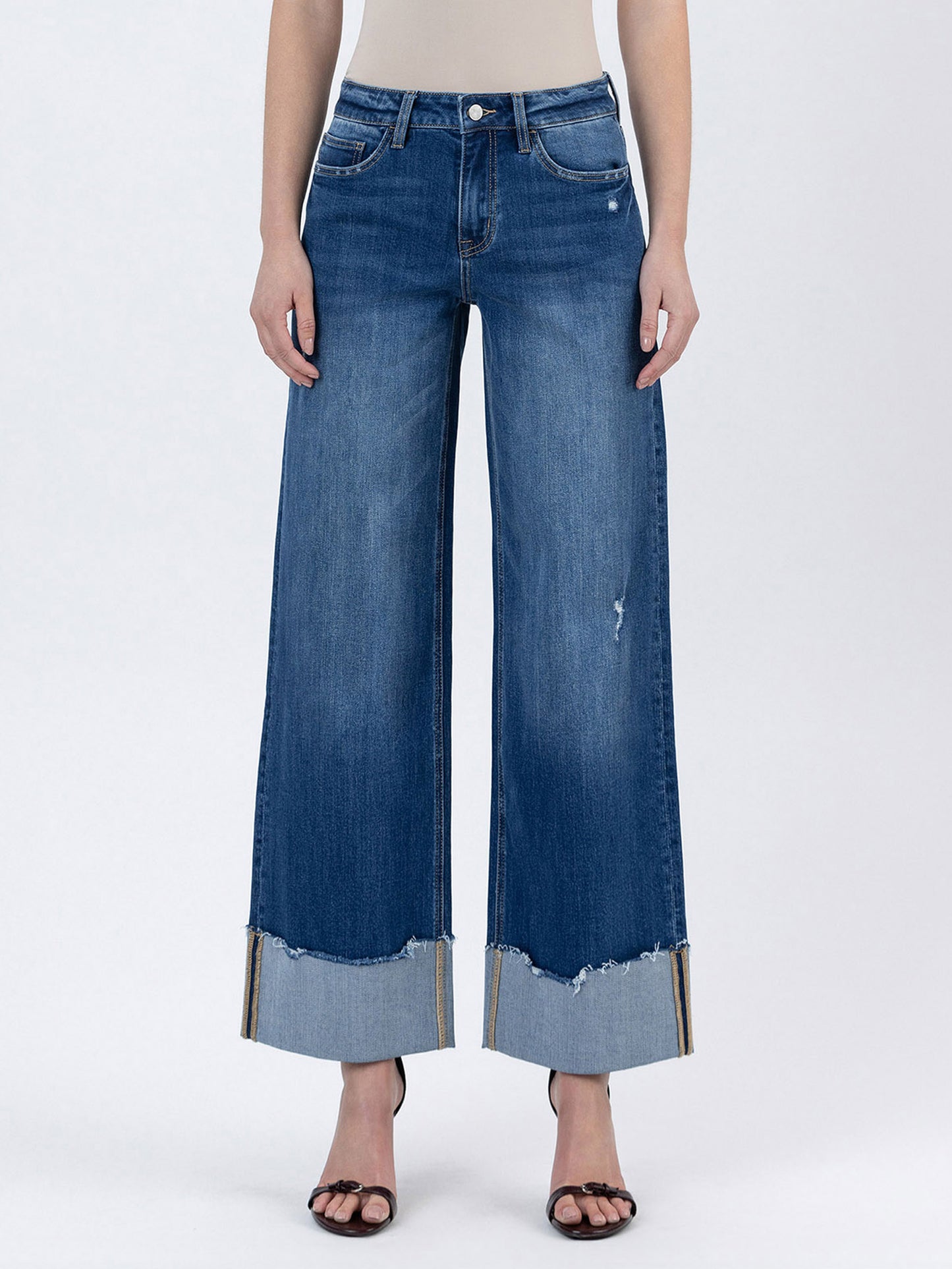 HIGH RISE CUFFED BAGGY WIDE LEG JEANS