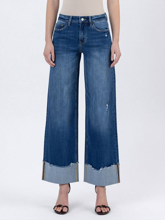 HIGH RISE CUFFED BAGGY WIDE LEG JEANS
