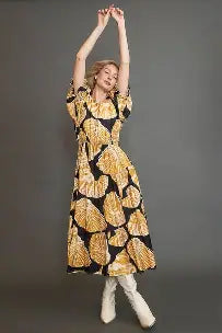 Seashell Print Puff Sleeve Midi Dress