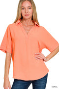 Airflow Collared V-Neck Short Sleeve Blouse