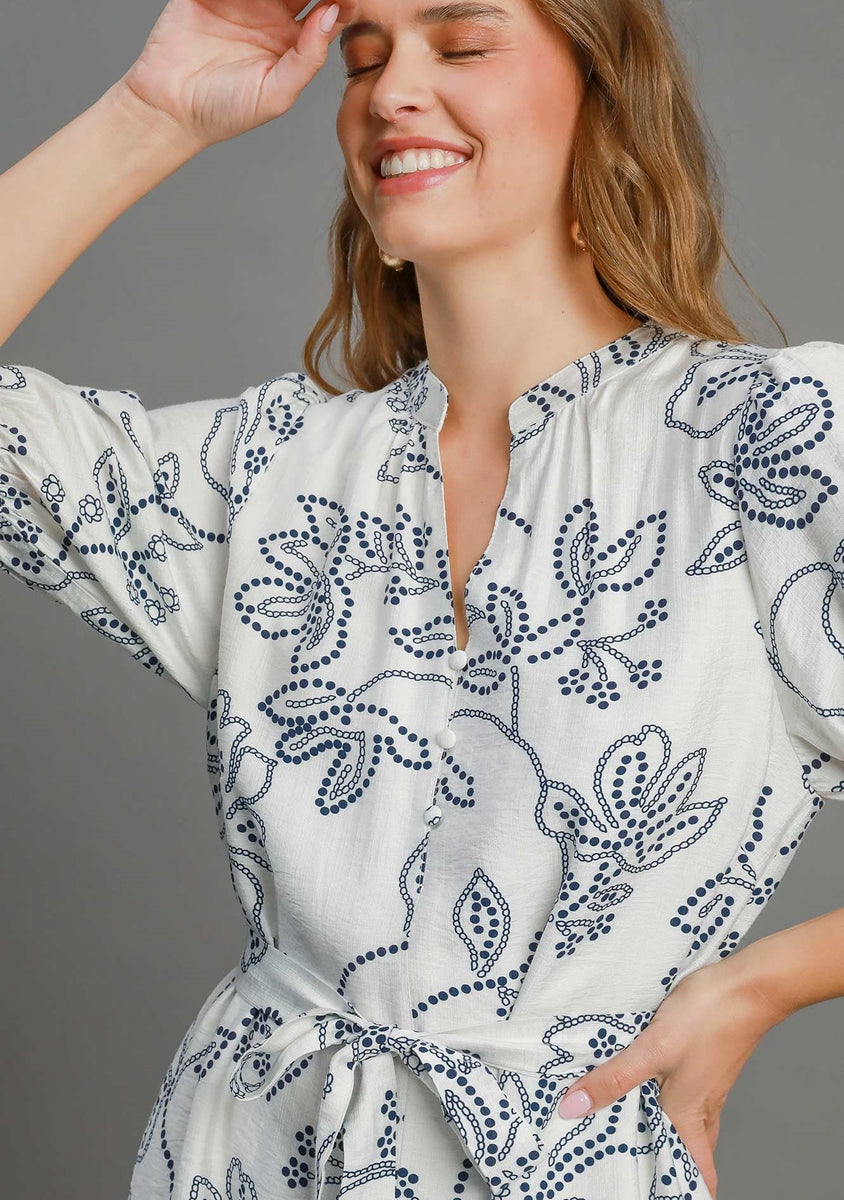Floral Print Notched Puff Sleeve Mini Dress