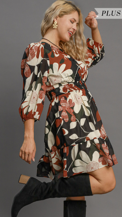 Abstract Print Smocked Dress