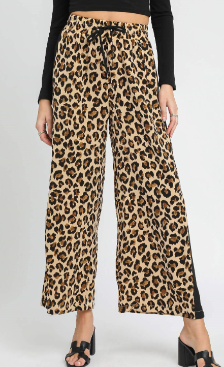 Leopard Print Wide-Leg Drawstring Pants