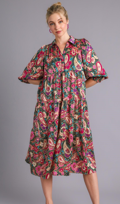 Paisley Print Satin Tiered Midi Dress