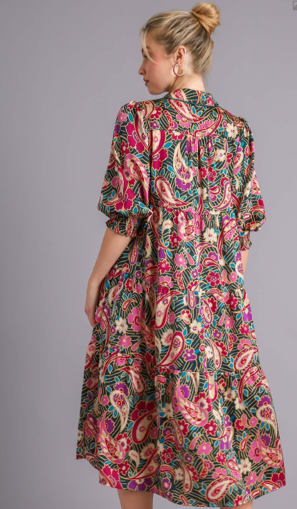 Paisley Print Satin Tiered Midi Dress
