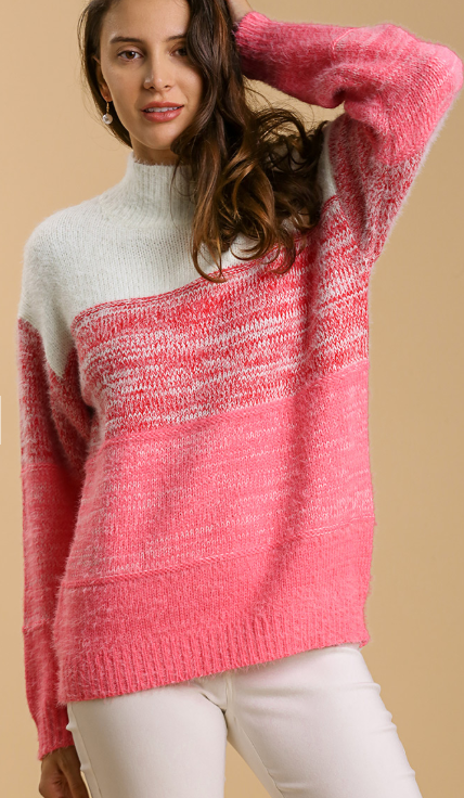 Color Block Mock Neck Knitted Pullover Sweater