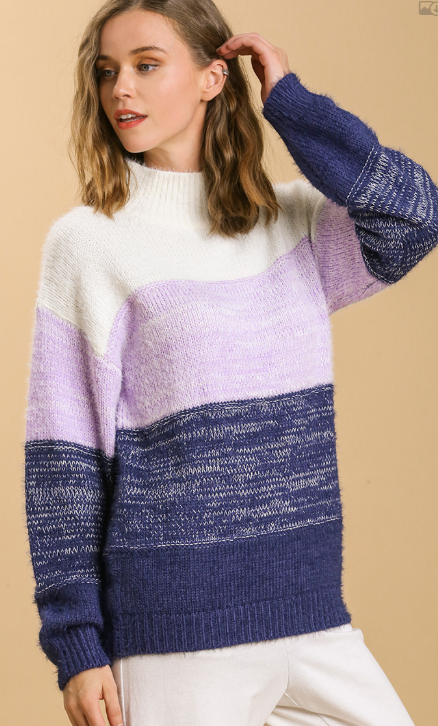 Color Block Mock Neck Knitted Pullover Sweater