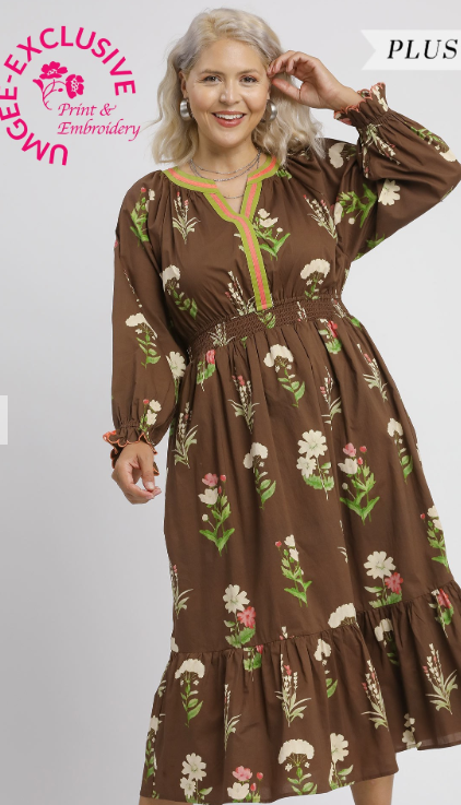 Floral Print V Neck Midi Dress with Ruffled Details in Plum
