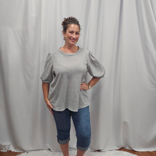 Puff Sleeve Two Tone Sweater Knit Top