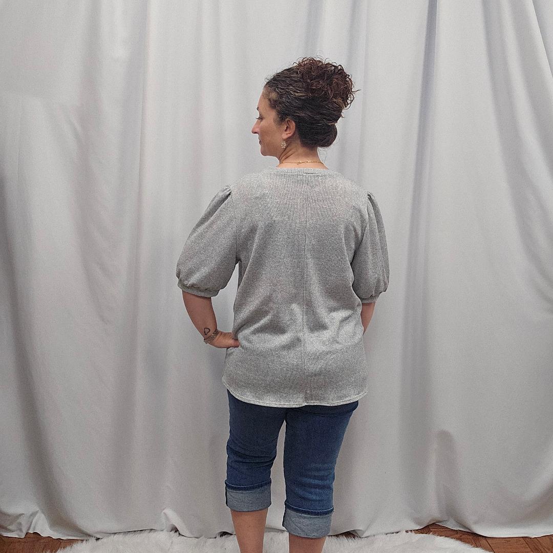 Puff Sleeve Two Tone Sweater Knit Top