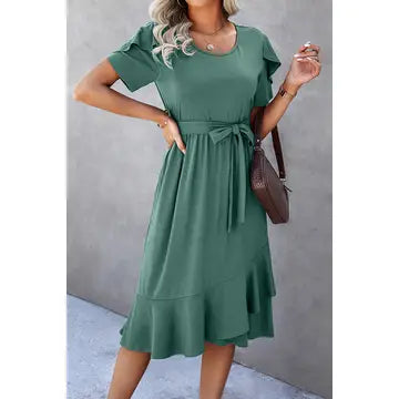 Scoop Neck Short Sleeve Midi Dress