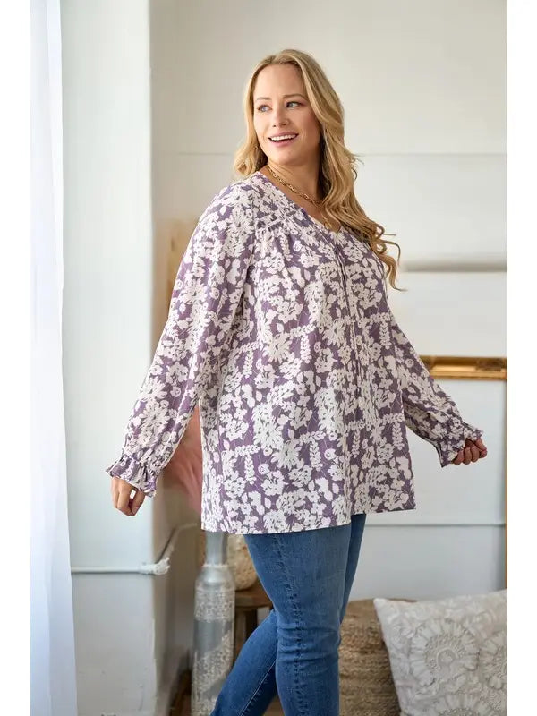 Lilac Floral Tie Neck Blouse