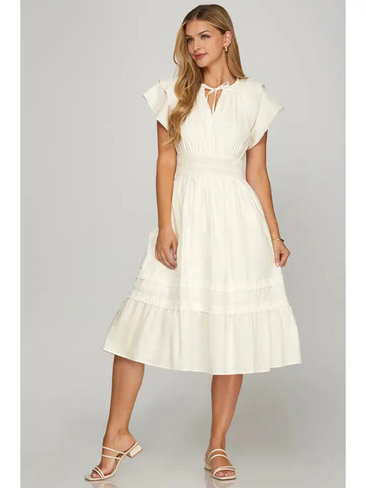 Ruffled Sleeve Midi Dress with Elastic Waist