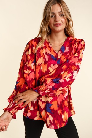 V Neck Banded Smocked Bubble Long Sleeve Top