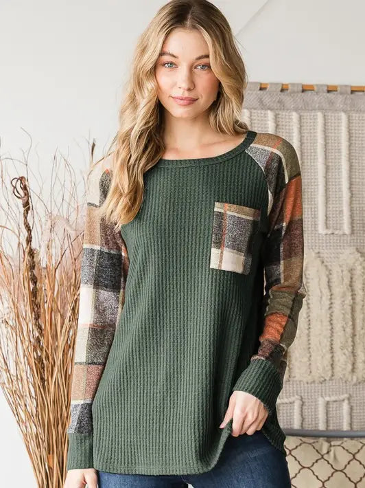 Solid Waffle and Plaid Top with Pocket