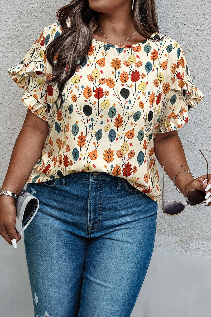 Round Neck Leaf Flounce Sleeve Blouse