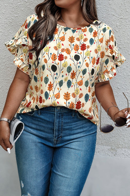 Round Neck Leaf Flounce Sleeve Blouse