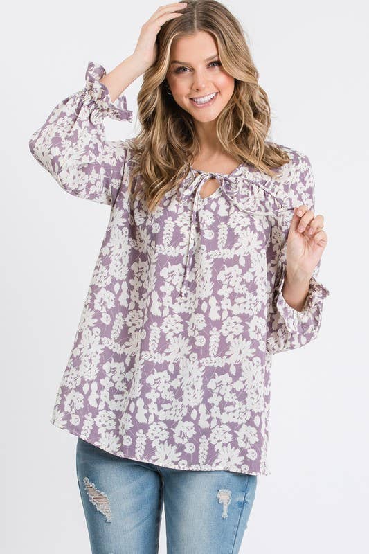 Lilac Floral Tie Neck Blouse