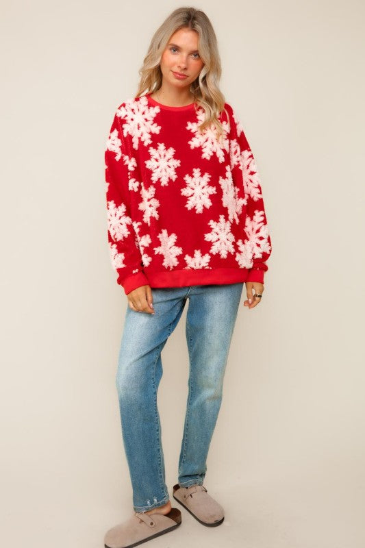 Sherpa Puffy Snowflake Pullover Knit Top