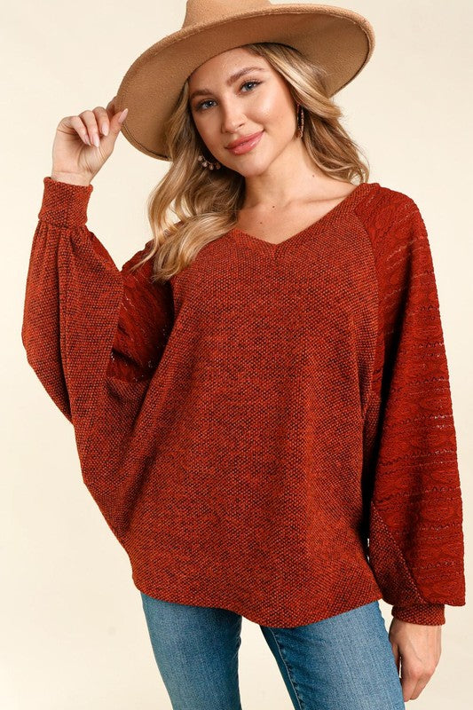 V Neck Banded Dolman Bubble Long Sleeve Knit
