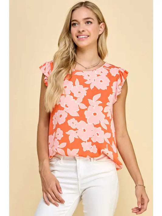 Floral Printed Top with Ruffled Short Sleeve Detail